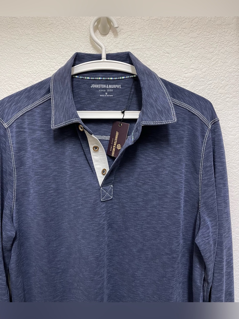 JOHNSTON & MURPHY Men's Navy Vintage Slub Long Sleeve Polo Shirt Size M - Picture 4 of 5
